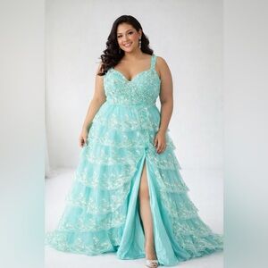Size 20 Seafoam Lace Corset Ball Gown with Tiered Tulle Skirt and Lace Up Back